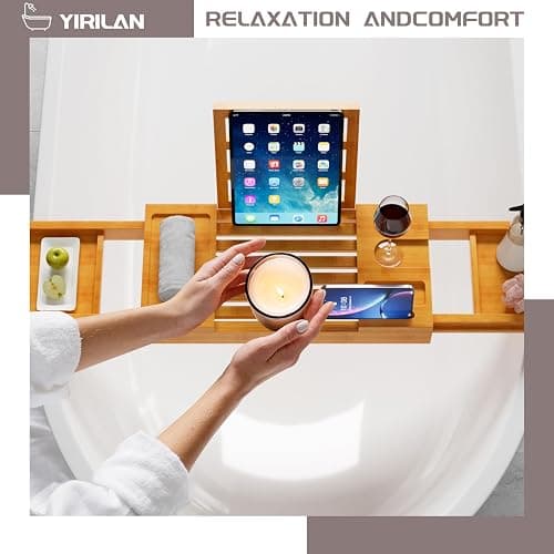 Yirilan Bamboo Bathtub Tray, Expandable Bath Tray for Tub, Bathroom Trays for Bathtub, Bathtub Caddy, Gift for Loved Ones (Bamboo) thumbnail 6