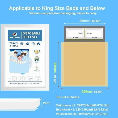 Myetasser Disposable Sheet Set Bedding Set for Hotel Kingsize, with Sheet Quilt Cover and 2 Pillowcase, for Hotel/Travel/Home Vistor, Hypoallergenic, Reusable thumbnail 2