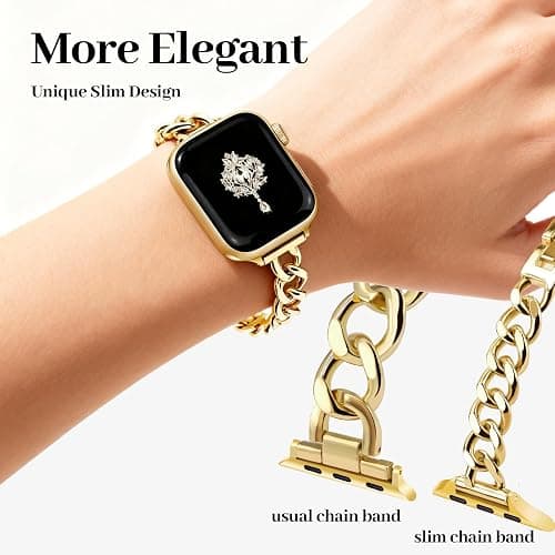 Newlibery Slim Gold Band for Women Feminine Elegant Compatible with Apple Watch 38mm 40mm 41mm 42mm (S10/11) Adjustable Metal Strap Dressy Chain Bracelet for iWatch Series 11/10/9/8/7/6/5/4/SE/3/2/1 thumbnail 3