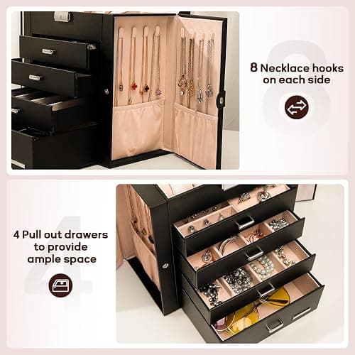 Homde Synthetic Leather Huge Jewelry Box Mirrored Watch Organizer Necklace Ring Earring Storage Lockable Gift Case (Black) thumbnail 6