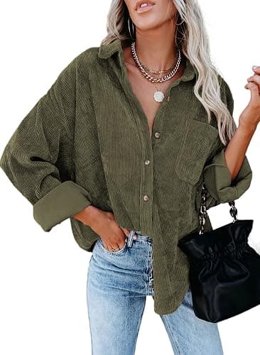 Dokotoo Womens Corduroy Button Down Shirts Boyfriend Long Sleeve Oversized Blouses Tops - Image 1