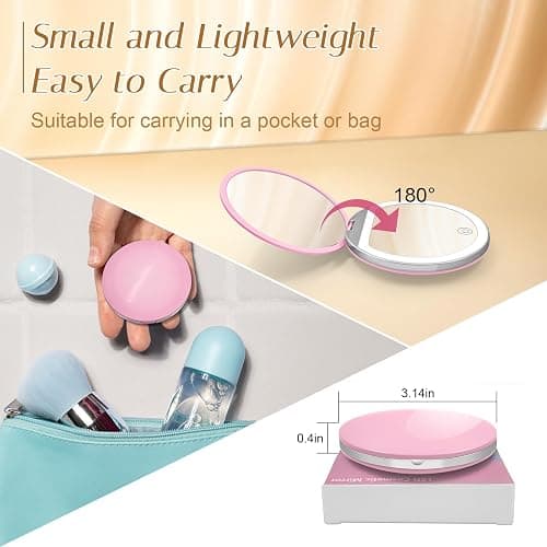 Kakuje Compact Mirror with Light, 1X/3X Magnification LED Pocket Mirror with USB Data Cable,Mini Mirror for Purse, Pocket,Travel and Present (Pink) thumbnail 2