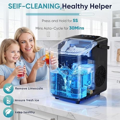 DUMOS Ice Maker, Nugget Ice Machine Countertop with Basket, Scoop and Portable Handle, 26lbs Daily, 9 Bullet Cubes in 6~8 Mins, Self-Cleaning for Kitchen, Office, Outdoos, RV Camping thumbnail 5