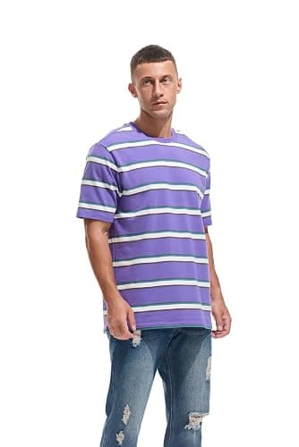 KLIEGOU Men's Fashion Loose Fit Crewneck Stripe T-Shirt thumbnail 4