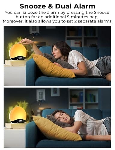 LIORQUE Sunrise Alarm Clock Wake Up Light Clock with Sunrise/Sunset Simulation, 8 Colors Atmosphere Lamp, 22 Natural Sounds, Dual Alarms, Snooze and FM Radio, Light Up Alarm Clock Bedside thumbnail 7