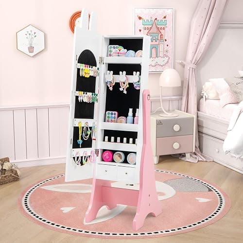 CHARMAID Kids Mirror Jewelry Cabinet - 45" Standing Jewelry Armoire with Full Length Mirror, Bunny Shaped Vanity Dressing Mirror for Girls, Kids Jewelry Organizer with Storage Drawers (White) - White thumbnail 4