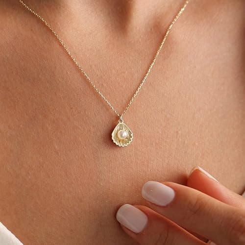 Plenky Charm Necklace-14K Gold/Silver Plated Charm Necklace Shell Conch Shell Turtle Starfish Coconut Tree Pearl Necklace Summe Beach Necklaces for Women Dainty Simple Jewelry for Women thumbnail 2