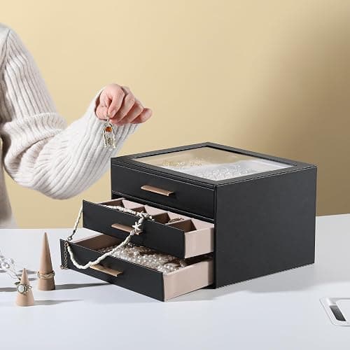 Frebeauty Jewelry Box for Women,Clear Lid Jewelry Organizer with 3 Drawers | Faux Leather,Velvet Lining,3 Layers,Jewelry Storage for Ring Earring Stud,Dustproof Design,Gift Choice,Golden Stylish Handle thumbnail 2