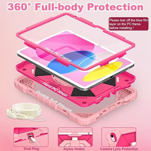 WESOROL Case for iPad (A16) 11th Generation 11 Inch (2025) iPad 10th Generation 10.9 Inch (2022),Full-Body Drop Protection i Pad Case 10th Gen with Rotating Stand Screen Protector Pencil Holder,Rose thumbnail 2