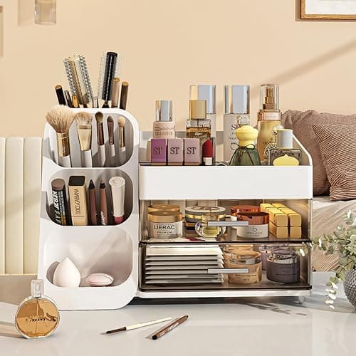 KQJS Makeup Organizer with Drawers,Large Capacity Countertop Organizer for Vanity,Bathroom and Bedroom Desk Cosmetics Organizer,Easy To Storage Skincare,Brushes,Lotions,Lipstick (White) thumbnail 3