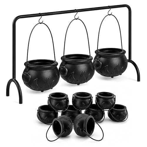 Halloween Cauldron Table Decor, Set of 12 Large and Mini Black Plastic Hanging Cauldron Bowls with Iron Rack, Witches Cauldron Candy Serving Bowl for Party Home Kitchen Hocus Pocus Indoor Decorations - Image 1