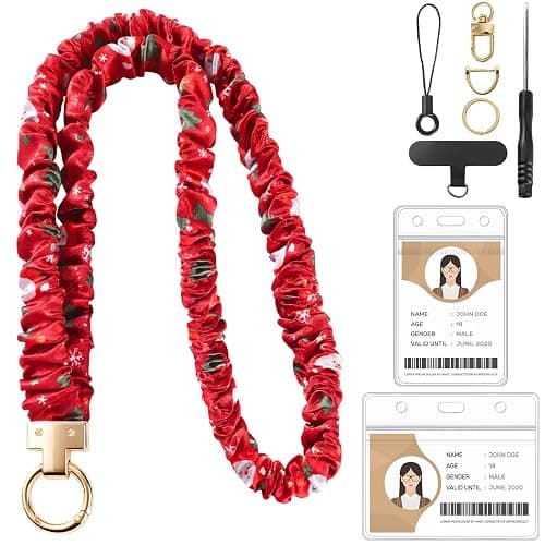 Christmas Scrunchie Lanyard with ID Holder Teacher Gifts Lanyards | Stretchy lanyard design with gold metal buckle for badge holder, keys, cruise cards, school, and office wear - Image 1