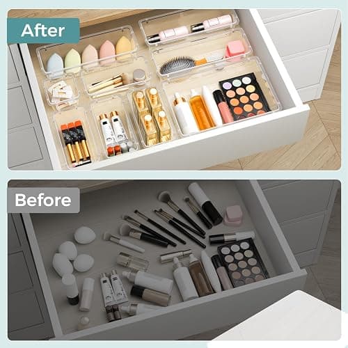 WOWBOX 44 PCS Clear Plastic Drawer Organizer Set, 5 Varied Size storage Bins and Desk Drawer Organizer Trays for Makeup, Gadgets, Jewelry and Utensils in Bathroom, Bedroom and Office, Clear thumbnail 6