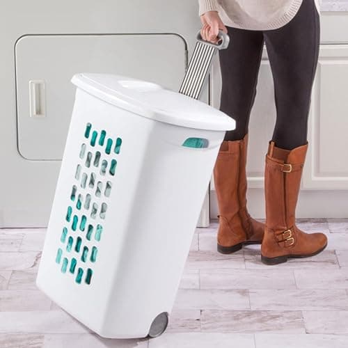 Sterilite 3-Pack Ultra Wheeled Hamper, Laundry Basket w/ Flip-Top Lid & Retractable Handle - Plastic Rolling Clothes Storage Cart with Ventilated Holes for Home, Apartment or Dorm thumbnail 5
