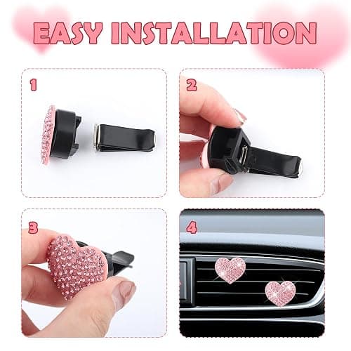 4PCS Heart-Shaped Car Vent Clips with Rhinestone,Bling Air Vent Clips Car Decorations,Premium Shiny Car Clips for Vents CCar Accessories Interior for Cars,Trucks,SUVs (Pink) thumbnail 6