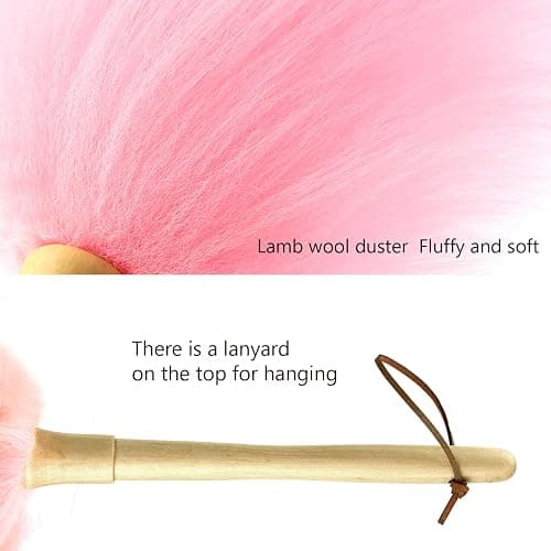 iHUFeather Lambswool Duster 14'' Length Solid Wooden Handle Leather Hang Strap for Cleaning Ceiling Fans Window Blinds Computer Furniture Figurines TV Natural Feather Duster,Pink thumbnail 3
