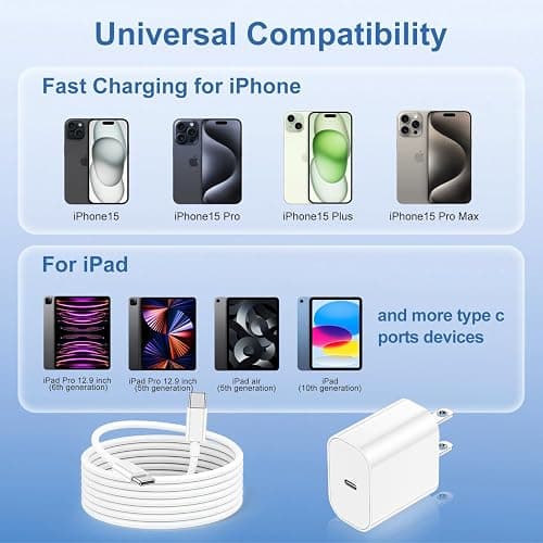 iPhone 17 16 15 Fast Charger and 10ft Type C to C Cable Cord Long, 20W USB C Charging Block Plug for Apple iPhone 17 Pro Max/17 Air/16 Pro/16 Plus/15 Pro/15 Mini/iPad Power Adapter Cube Brick/AirPods thumbnail 6