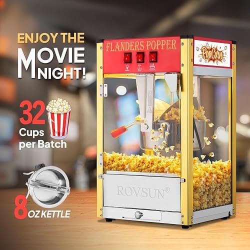 ROVSUN Popcorn Machine with 8 Ounce Kettle Makes Up to 32 Cups, Commercial Popcorn Machine Countertop Popcorn Maker w/Stainless Steel Scoop, Oil Spoon & 3 Popcorn Cups for Home Movie Theater, ETL, Red thumbnail 4