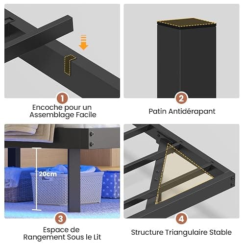 AOGLLATI Lit 2 Personnes avec 2 Étagères de Chevet,Cadre de Lit avec 140 x 190 avec Sommier Métal,Multiprise et Éclairage LED, 24 CM de Rangement pour Chambre, Noir thumbnail 7