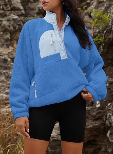 Yanekop Womens Fuzzy Fleece Pullover Sherpa Sweatshirt Long Sleeve Button Down Sweater Winter Fleece Jacket with Pockets thumbnail 3