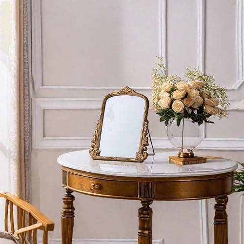 Small Vintage Vanity Makeup Desk Mirror, Antique Traditional Arch Table Mirror in Gold, Decorative Wood Carved Mirror for Living Room Bedroom Tabletop 11.8" x 9.6" thumbnail 8