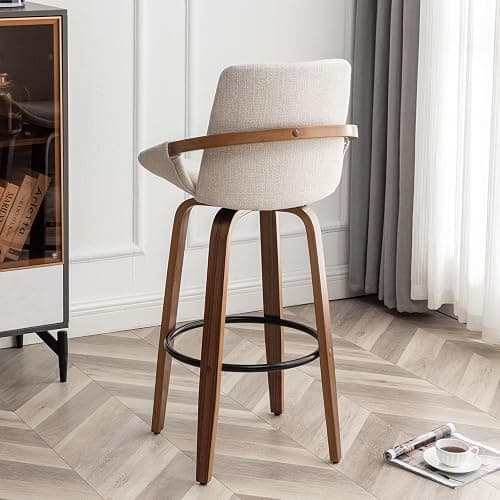 LUNLING 29.5" Bar Height Barstools Set of 2,Mid Century Modern Retro Bar Chairs Charcoal Beige Linen Look Fabric Upholstered and Walnut Wood Frame for Home Bar Furniture(Beige) thumbnail 4