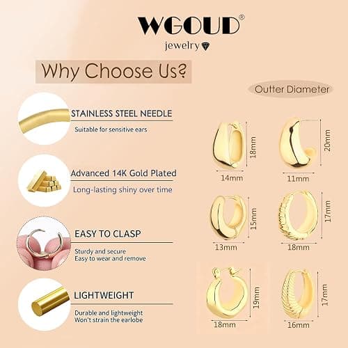 Wgoud 6 Pairs Chunky Gold Hoop Earrings for Women, 14K Gold Plated Hoop Earrings Hypoallergenic, Thick Lightweight Twisted Huggie Hoops Earring Set for Women’s Jewelry GIfts thumbnail 4