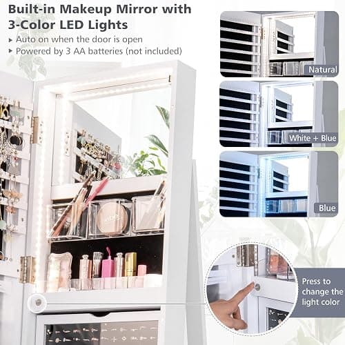 CHARMAID 360° Swivel Jewelry Armoire with Full Length Mirror, Rear Storage Shelves, Lockable Standing Jewelry Cabinet Organizer with Interior Vanity Mirror and 3-Color Lights (White) thumbnail 5