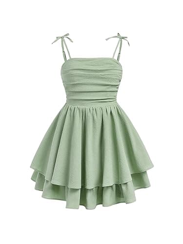 SHENHE Girl's Smocked Ruched A Line Swing Dress Layered Tie Shoulder Flowy Cami Dress - 16 Years - Mint Green