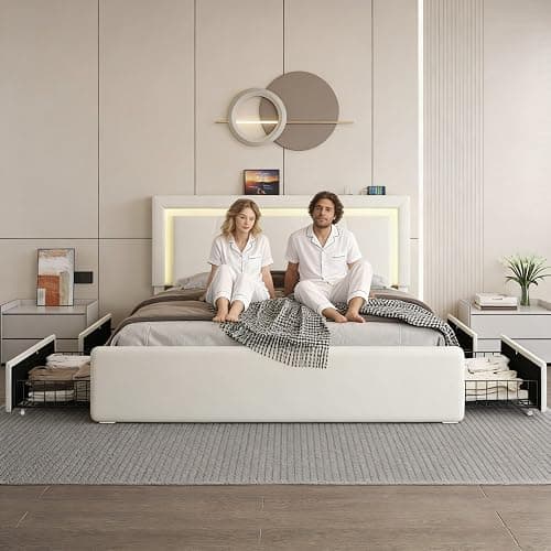 Full Size Bed Frame with 4 Storage Drawers and LED Lights, Upholstered Platform Bed with Adjustable Headboard and Charging Station, Metal Slats Support, No Box Spring Needed,Easy Assembly, White thumbnail 3