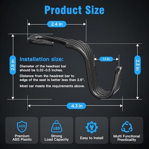 4-Pack Car Headrest Hooks Holds 55lbs Seat Storage Organizer for Bags | Durable ABS Material, 360° Rotating, Car Hanger for Backpack Umbrella Water Bottle Coat Handbags Groceries, Checkered Black thumbnail 6