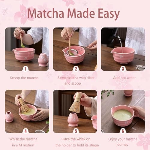 Buucup Matcha Whisk Set, Ceramic Matcha Bowl with Spout, Pink Matcha Kit | Includes bamboo whisk, holder, scoop and stainless sifter. Japanese-style matcha set designed for smooth tea preparation. thumbnail 6