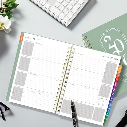 2026 Diary A5 Week to View, 2026 Planner, Jan to Dec 2026, Diary 2026 with Monthly Tabs, Twin-Wire Binding, Weekly & Monthly To Do, Inner Pockt for School & Work - Green (8.5" x 5.9") thumbnail 2