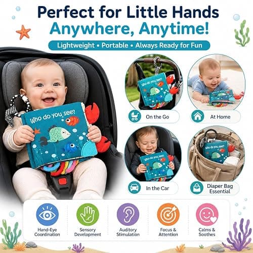 Fish Baby Books Toys, Touch Feel Cloth Crinkle Books for Babies,Baby Infant Toys 0-6, 6-12,12-18 Months,Newborn,Early Learning Education, Baby Gifts Shower for Boys Girls,Teething, Mirror,Shark Ocean thumbnail 7
