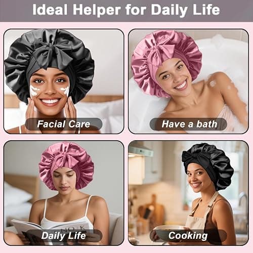 2Pcs Silk Hair Satin Bonnet for Sleeping Women,Large Satin Sleep Bonnets for Women with Elastic Tie Band Silk Hair Wrap with Ajustable Straps,Night Sleep Cap for Curly Braids,Black+Rose Gold thumbnail 6