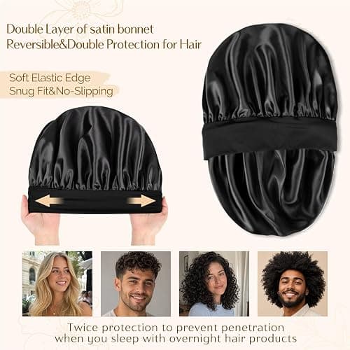 YANIBEST Soft Satin Bonnet for Men Women, Sleep Cap to Maintain Moisture | Unisex Double Layer, Bonnet for Sleeping, Protect Hair, Natural Wave, Curly Coily, Reduce Frizz, Adjustable Sleep Hat thumbnail 4