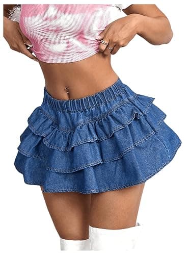 BEAUDRM Women's Y2K Solid Ruffle Denim Skirt Drop Low Waist A Line Jean Skirt Casual Tiered Layer Hem Tiered Mini Skirt - Image 1