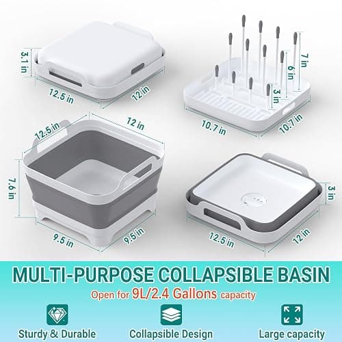 Yecuip Collapsible Wash Basin for Baby Bottles with Drying Rack – 2.4 Gallon Foldable Dish Tub with Handles, Portable RV Camping Sink & Space-Saving Wash Bin with Lid for Kitchen, Travel & Outdoor thumbnail 3