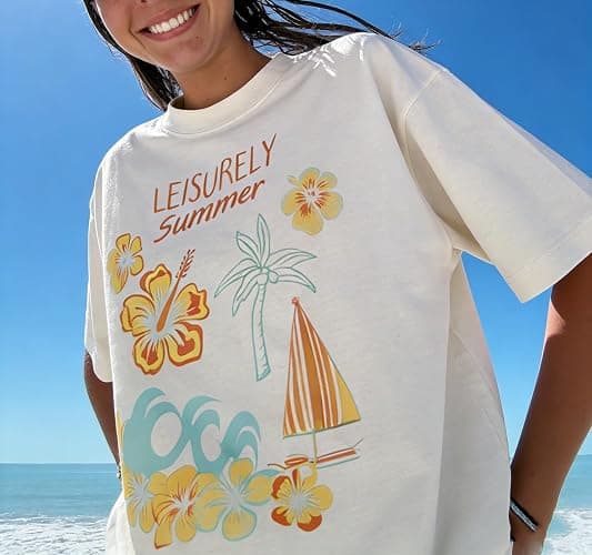 Womens Teens Oversized Graphic Tshirts Y2k Flower Fruit Vintage Tees Beach Surfer Casual Short Sleeve T-Shirts thumbnail 7