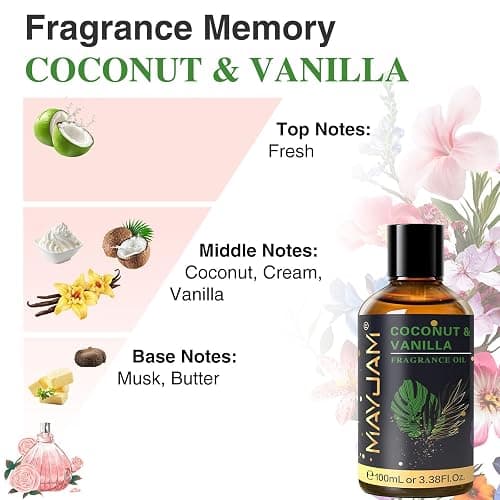 MAYJAM 100ML/3.38FL.OZ Coconut & Vanilla Fragrance Oils with Glass Dropper, Essential Oils for Diffusers for Home, Long Lasting Scented Oils for Diffusers Soap Candle Making thumbnail 4