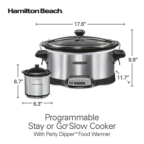Hamilton Beach Programmable Stay or Go® Slow Cooker, 7 Quart Capacity, Includes 20 oz. Party Dipper Food Warmer, Silver, R33477 (Renewed) thumbnail 3