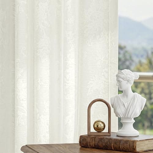 FMFUNCTEX Beige Semi Sheer Curtains for Bedroom, Floral Jacquard Voile Light Filtering Privacy Curtains 84 Inches Long for Living Room, Voile Light Filtering Privacy Window Drapes Rod Pocket 2 Panels thumbnail 8