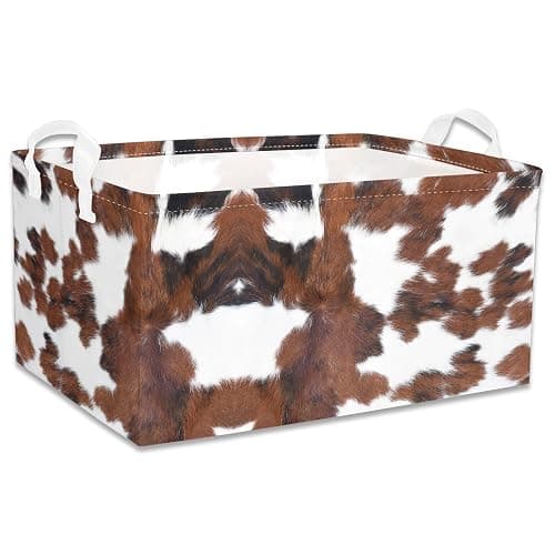 Western Rectangular Storage Basket, Highland Cow Cute Storage Bins Box with Handles, Cowskin Printed Shelf Basket Ideal for Kids Room Decor, Books, Organizing Clothes, Toys (Cute cow) thumbnail 6