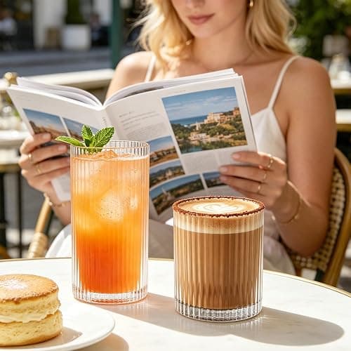 INSETLAN 12Pack Piece Ribbed Glassware - 6 Highball Glasses 12 oz, 6 Rocks Glass Cups 14 oz, Vintage Cocktail Drinking Glasses, Ideal for Wine, Juice, Water, Ice Coffee Cup, Whiskey, Mixed Drinkware thumbnail 2