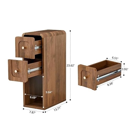 MAHYIZYI Narrow Nightstand with 2 Drawers, Small Bedside Tables, Mid-Century Modern Slim Night Stand with Storage, Wooden End Table for Small Spaces, Bedroom, Living Room (Walnut-1PCS) thumbnail 2