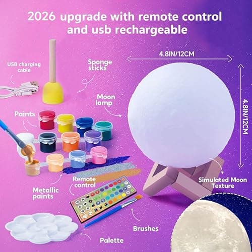 HOLA Paint Your Own Moon Lamp Kit, 2025 Updated USB Rechargeable, DIY Arts Supplies and Crafts Kit, Gifts for Kids Girls Boys Teens, Ages 6 7 8 9 10 11 12 13 14 15 16 Year Old Birthday thumbnail 4