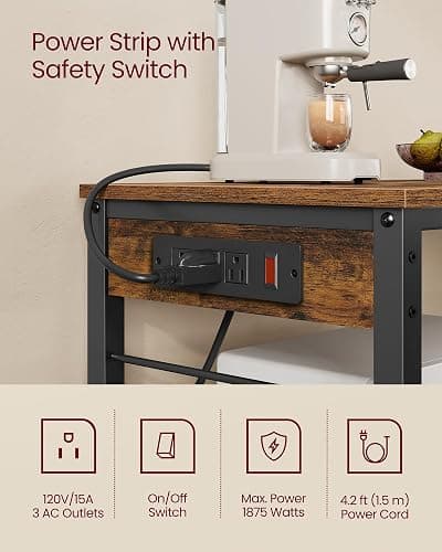 VASAGLE Kitchen Island with Power Strip, Microwave Oven Stand, Kitchen Shelf, Baker's Rack with 3 Open Shelves, 6 Hooks, Metal Frame, 15.7 x 31.5 x 35.4 Inches, Rustic Brown and Black UKKI102KD02S thumbnail 5