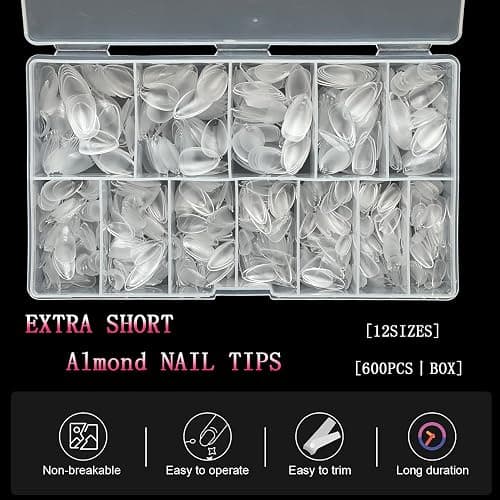 600Pcs Extra Short Almond Nail Tips,SWETIDY Upgraded Widened Nail Bed Half Matte No File False Full Cover Gel Nails Clear Acrylic Gelly Tips for Nail Extension Home DIY Salon 12 Sizes with Sturdy Set thumbnail 2