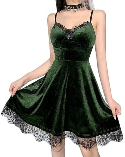 TSMNZMU Womens Gothic Lolita Dress Velvet Moon Camisole Dresses Sleeveless Punk Grunge Emo Dress Goth Alt Witchy Fairy Dress thumbnail 3
