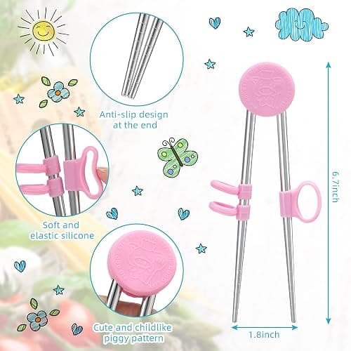 Patelai 2 Pairs Training Chopsticks for Kids, Children Learning Stainless Steel Reusable Metal Chopsticks Helper(Blue, Pink) thumbnail 4